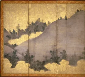 Sommerlandskap (penn og blekk, farge, gullpapir på panel) (se 216559)